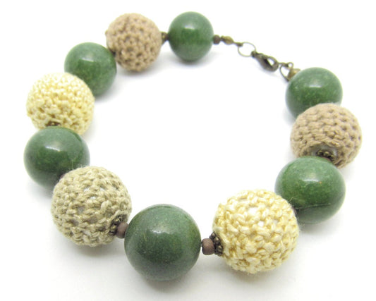 OOAK Crocheted Round, Green Marble and Czech Glass Bracelet
