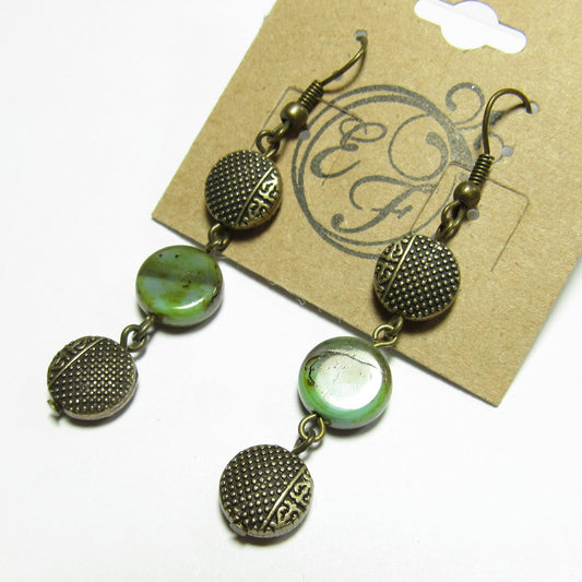 OOAK Green Swirl Czech Glass Patterned Antiqued Brass Earrings
