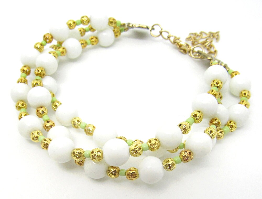 OOAK Lime Green and White Czech Glass and Filigree Gold Multi Strand Bracelet