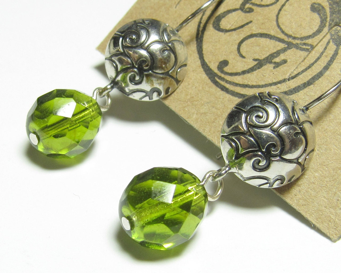 OOAK Embossed Silver Metal and Faceted Green Czech Glass Earrings