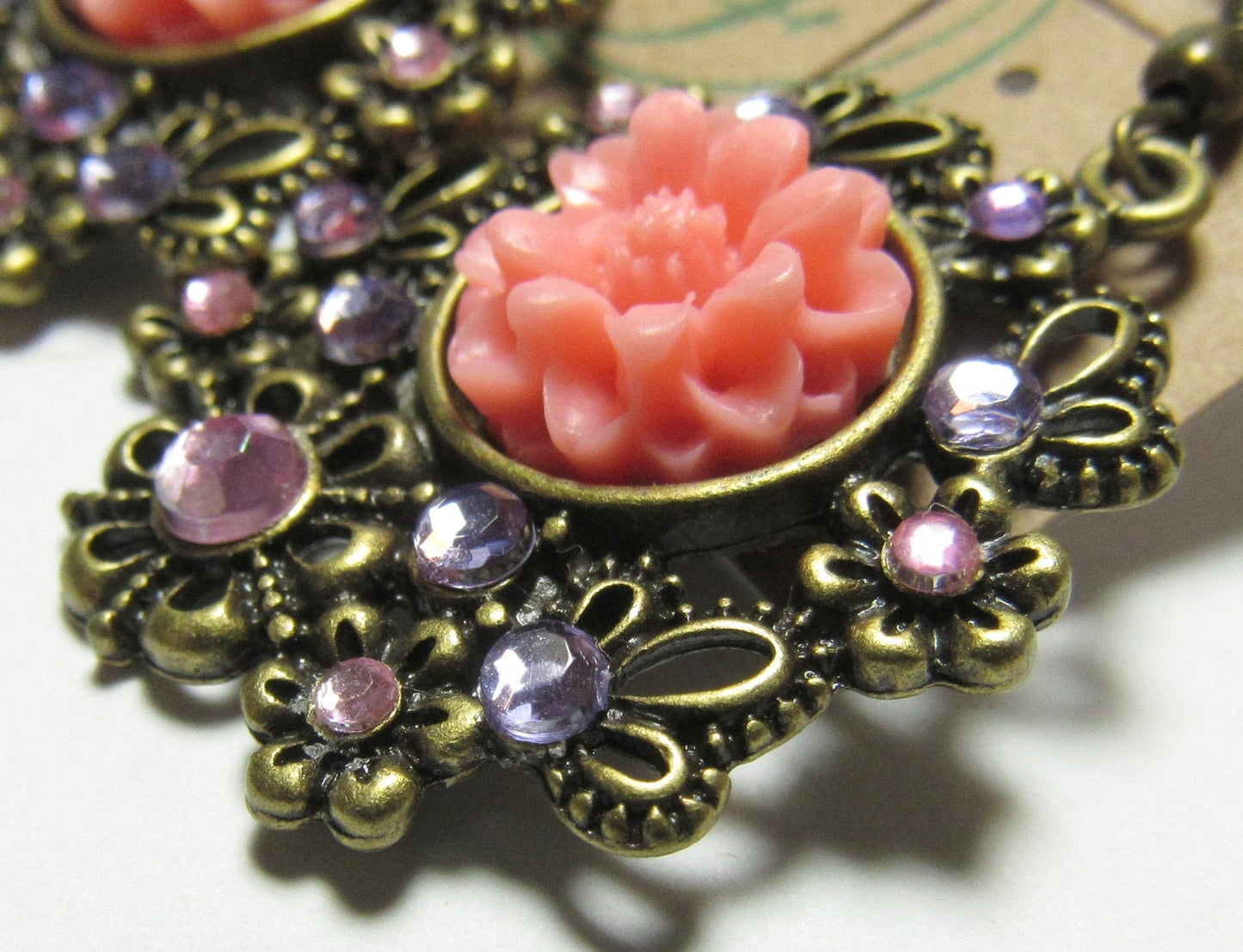 OOAK Pink Mum with Rhinestones and Antiqued Brass Filigree Earrings