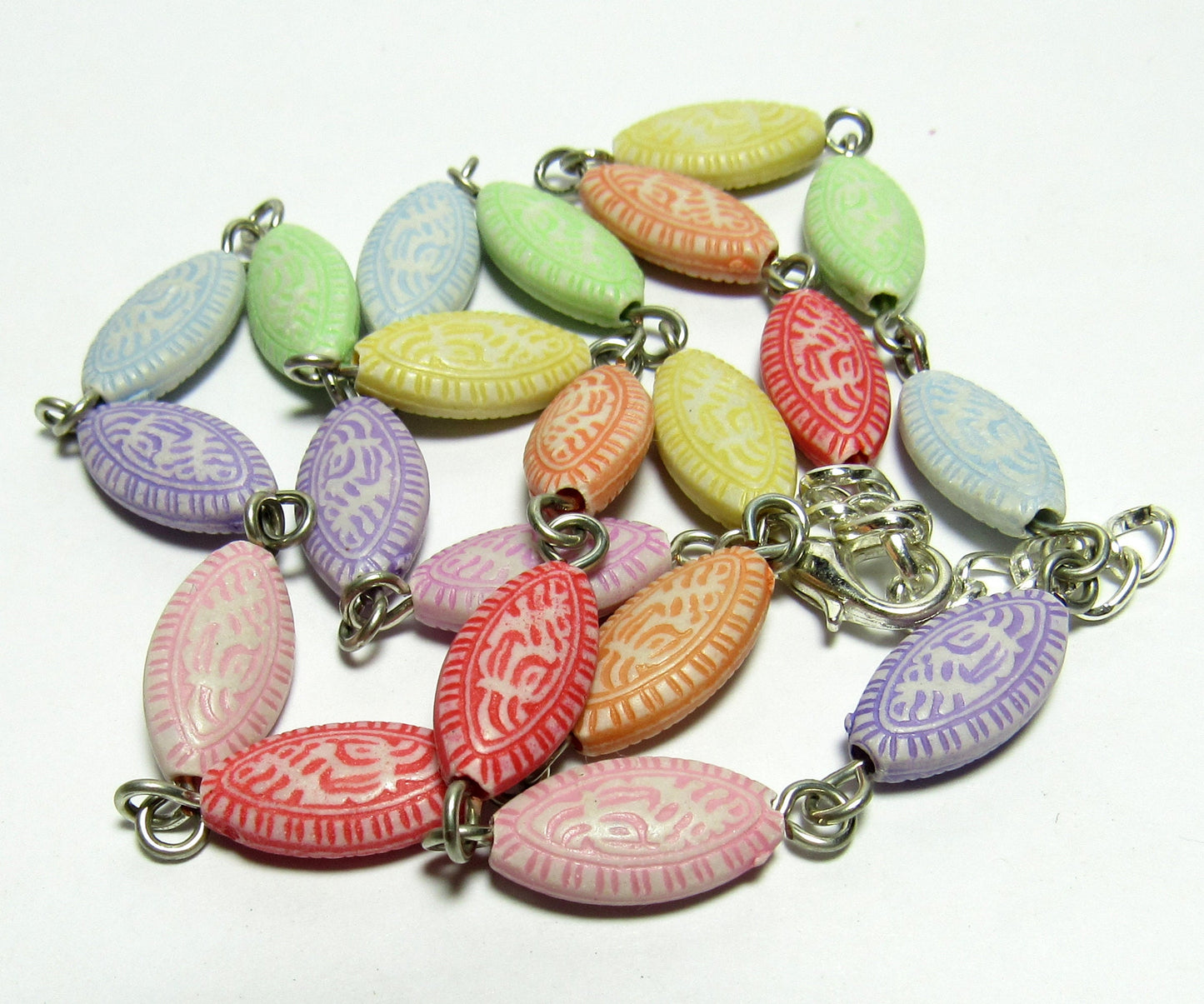 Acrylic Rainbow Embossed Pointed Oval Bead Chain Necklace