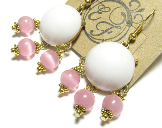 Upcycled White Resin and Pink Catseye Glass Gold Earrings