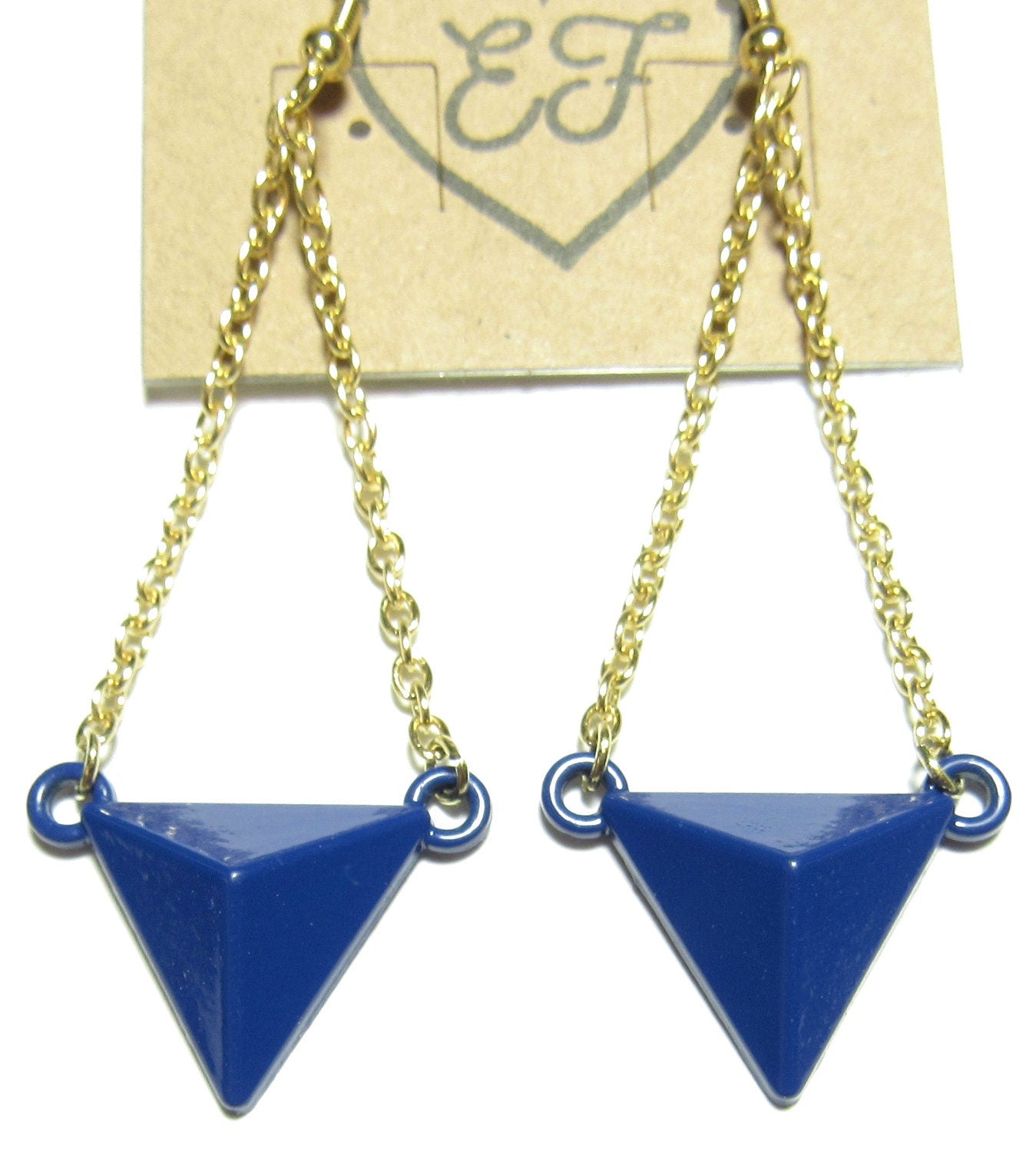 OOAK Royal Blue Triangle and Gold Chain Geometric Earrings