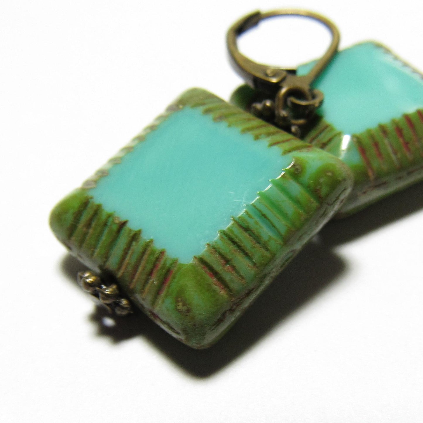 OOAK Blue & Green Czech Glass Square Earrings