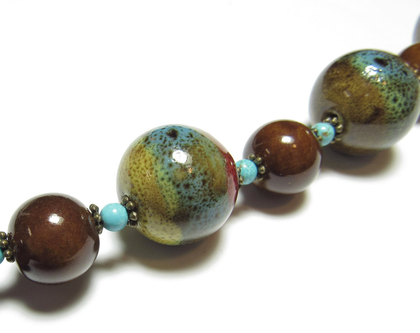 OOAK Multicolor Ceramic, Turquoise, & Antiqued Brass Bracelet