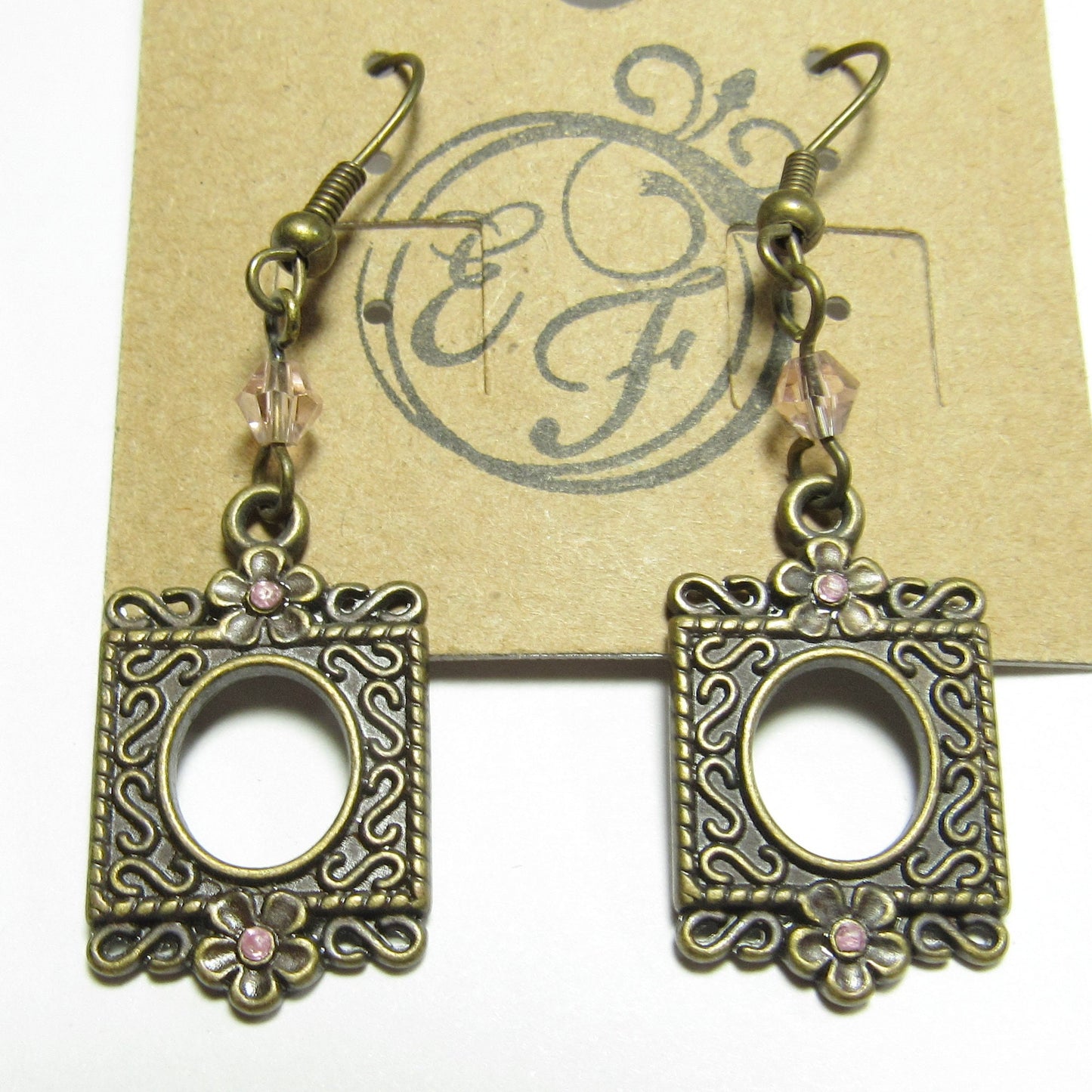 OOAK Pink Crystal and Antiqued Brass Frame Earrings
