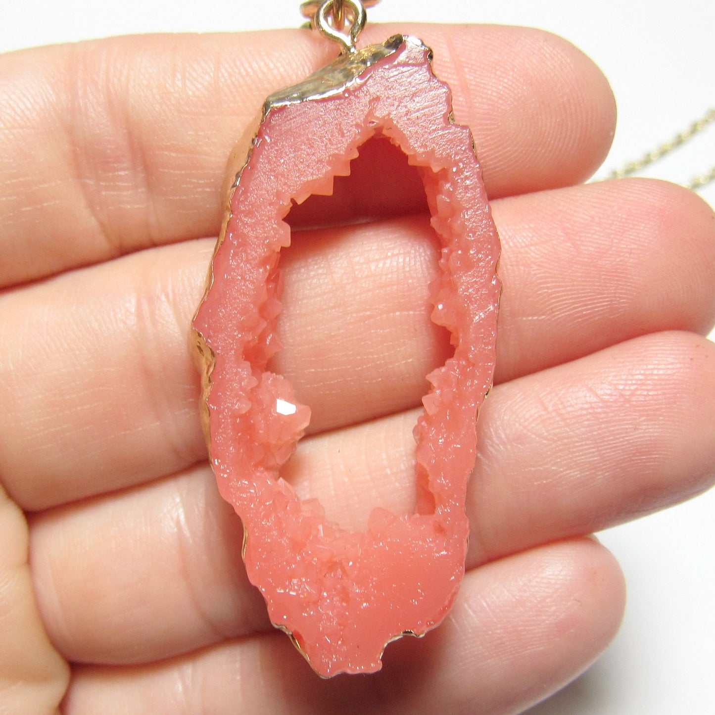 Coral Resin Geode, Czech Glass Pearl and Gold Chain Necklace