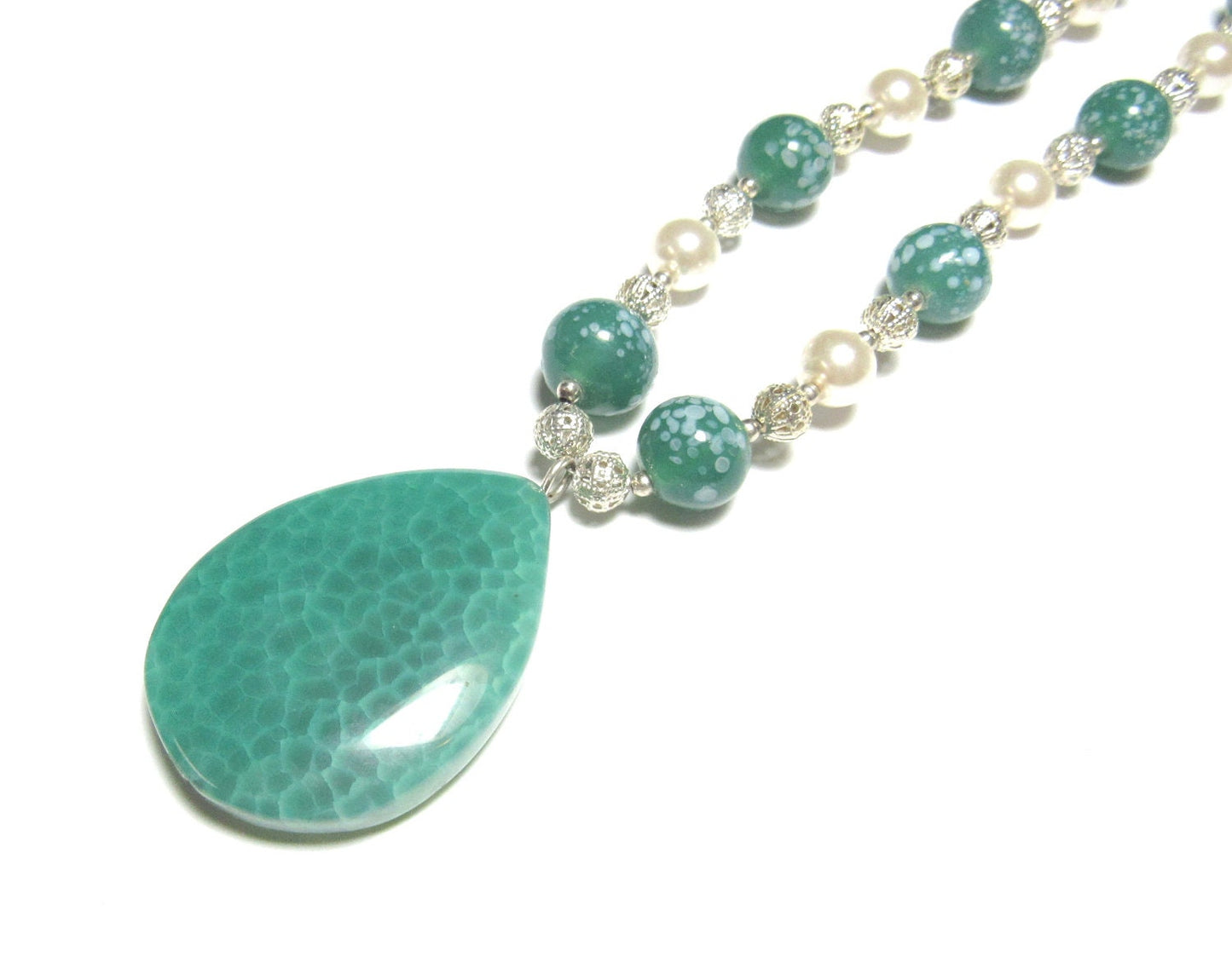 OOAK Green Dragon Veins Agate, Czech Glass and Silver Filigree Necklace