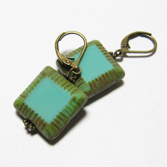 OOAK Blue & Green Czech Glass Square Earrings
