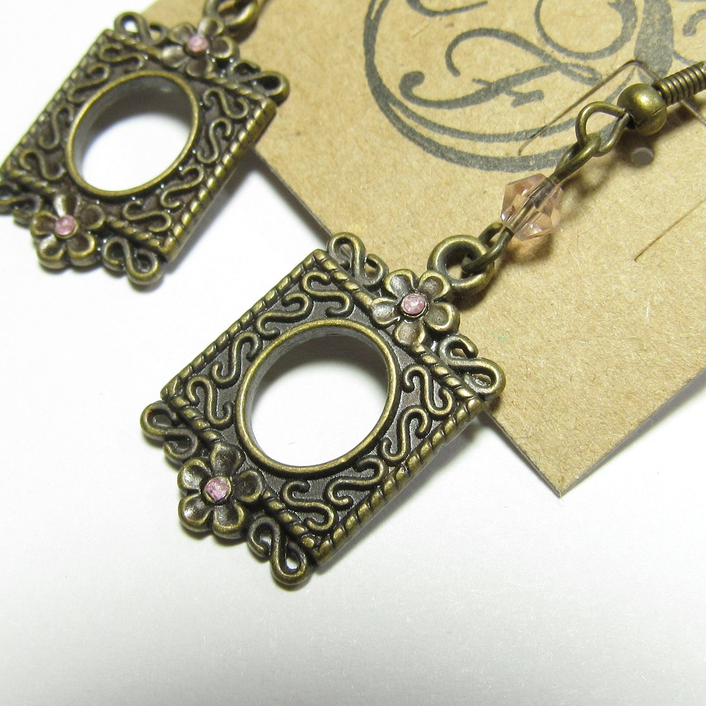 OOAK Pink Crystal and Antiqued Brass Frame Earrings
