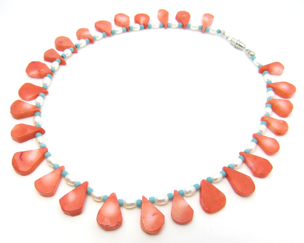 OOAK Coral Teardrop, Cultured Freshwater Pearl and Turquoise Glass Necklace