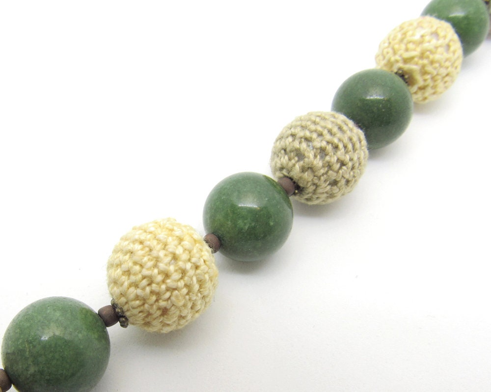 OOAK Crocheted Round, Green Marble and Czech Glass Bracelet