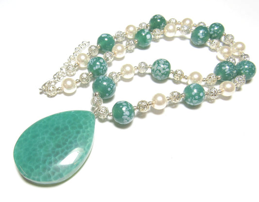 OOAK Green Dragon Veins Agate, Czech Glass and Silver Filigree Necklace