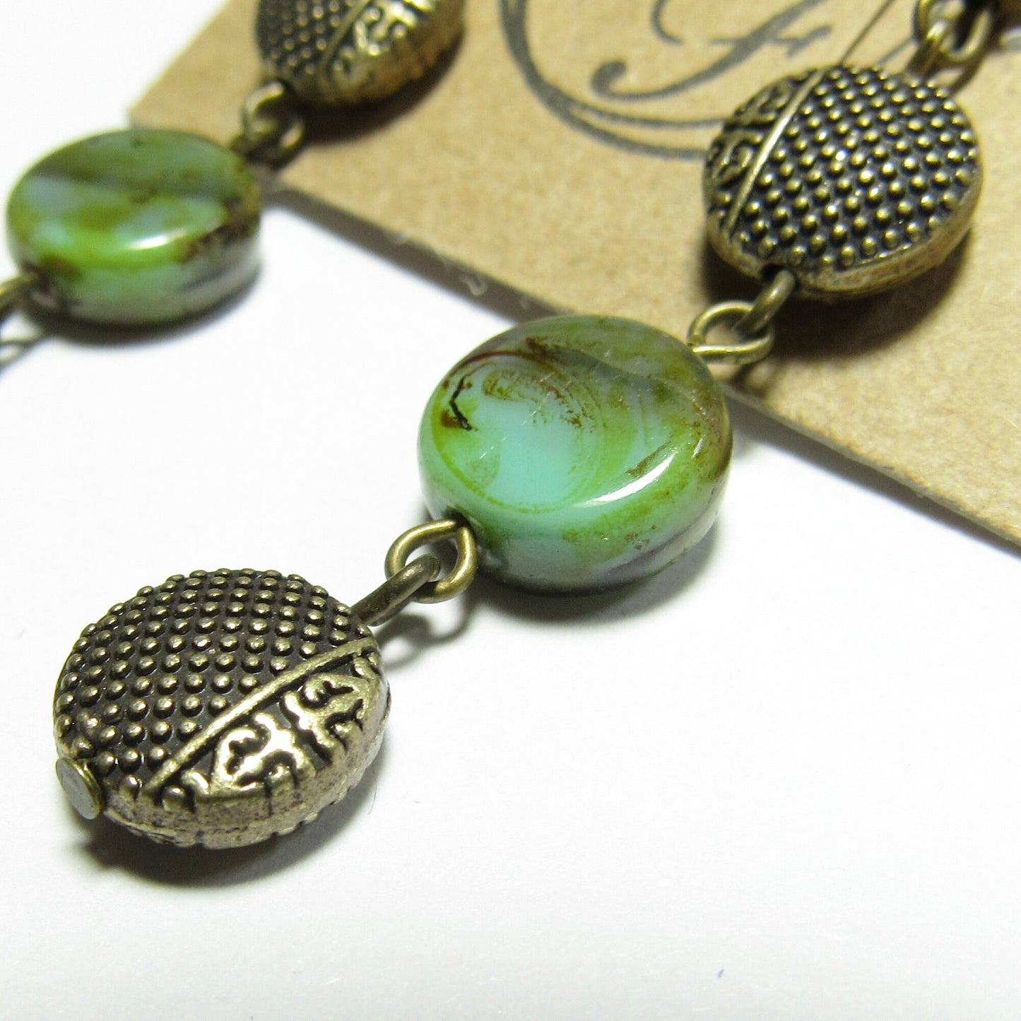 OOAK Green Swirl Czech Glass Patterned Antiqued Brass Earrings
